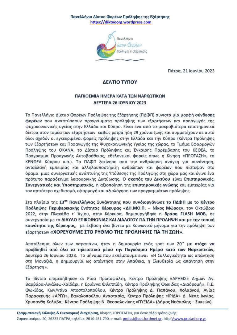 ΠΑΓΚΟΣΜΙΑ ΗΜΕΡΑ ΚΑΤΑ ΤΩΝ ΝΑΡΚΩΤΙΚΩΝ 26 ΙΟΥΝΙΟΥ 2023_ ΠΑΝΕΛΛΗΝΙΟ ΔΙΚΤΥΟ ΦΟΡΕΩΝ ΠΡΟΛΗΨΗΣ ΤΗΣ ΕΞΑΡΤΗΣΗΣ