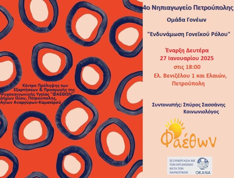 4ο Νηπιαγωγείο Πετρούπολης_  Ομάδα Γονέων_  Έναρξη 27 Ιανουαρίου 2025, στις 18:00_  “Ενδυνάμωση γονεϊκού ρόλου”