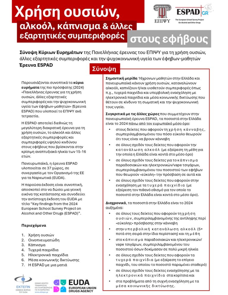 Πανευρωπαϊκή έρευνα στον μαθητικό πληθυσμό για το αλκοόλ και τα άλλα ναρκωτικά 2024 (ESPAD).